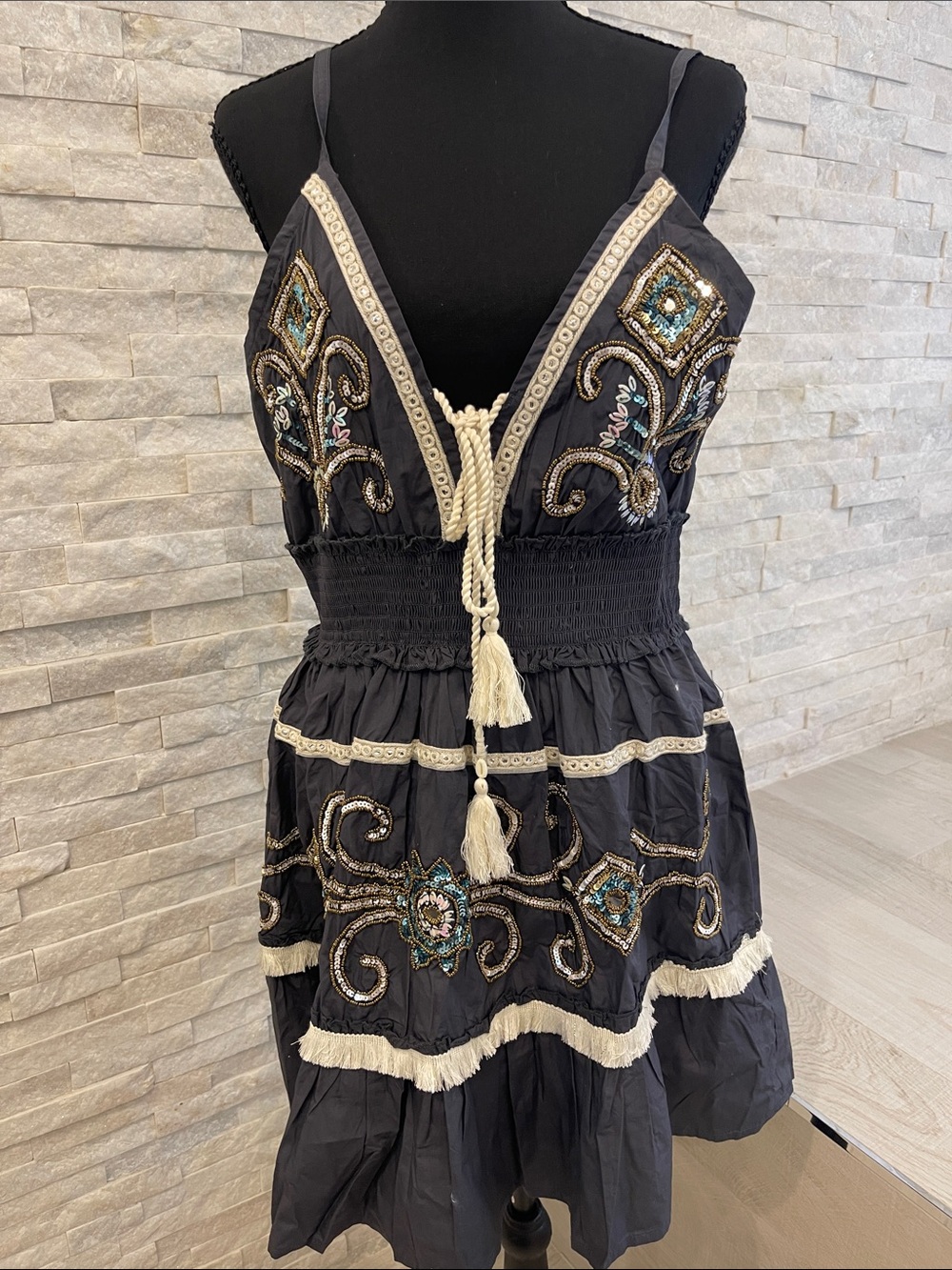 POL Black Embellished Tassel Mini Dress NWOT